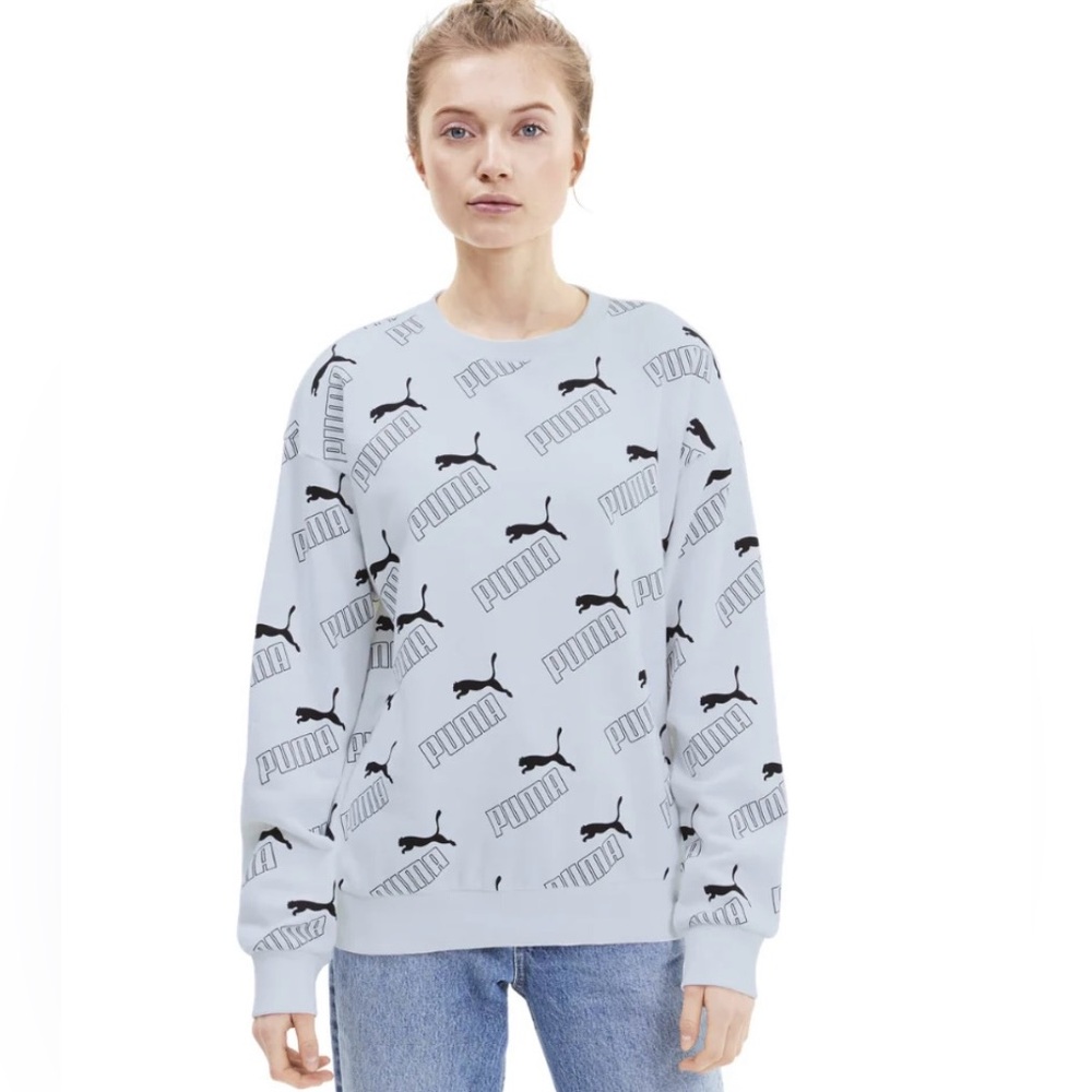 Puma Classic All Over Logo Print Graphics Relaxed Fit Sweatshirt Women's Size XL